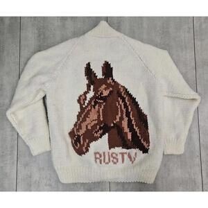 Vintage Handmade Knit Horse Cardigan Sweater Medium White‎